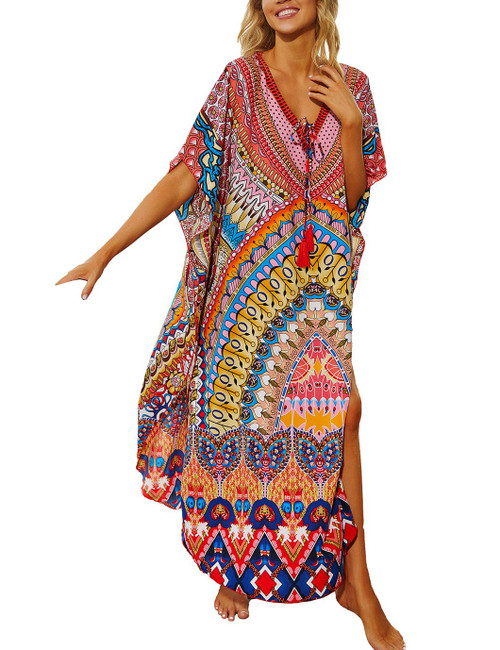 Eddoyee Loose V Neck Print Turkish Kaftan Maxi Dresses for Women Half Sleeve Beach Swimsuit Cover Up