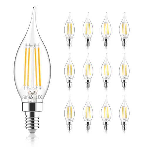 Sigalux E12 LED Bulb Candelabra Base 60 watt LED Chandelier Light Bulbs Dimmable, Flame Tip Candelabra LED Bulbs, 4.5W, 450ML 5000K Daylight,CA10 Candle Light Bulbs, 12 Packs