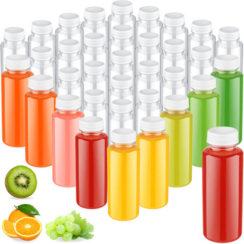 50 Pcs 10oz Plastic Juice Bottles Clear Plastic Bottle with White Lids Empty Reusable Drink Containers Sensory Bottles Round Smoothie Bottles for Juice Milk Tea Drinking Beverage