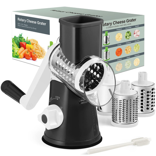 Cheese Grater with Handle, Kitchen Manual Cheese Shredder with 3 Interchangeable Blades, Rotary Cheese Grater Handheld with Strong Suction Base, Vegetable Slicer Nuts Grinder with Clean Brush Black