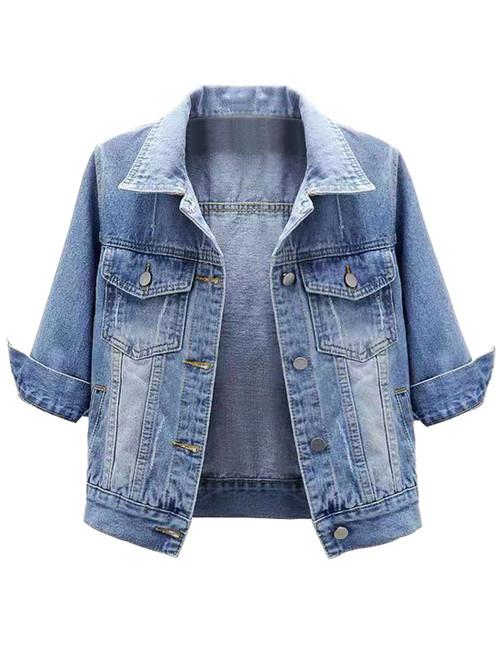 Locachy Womens 3/4 Sleeve Short Denim Jacket Lapel Button Down Cropped Trucker Jean Jackets Coats Light Blue L