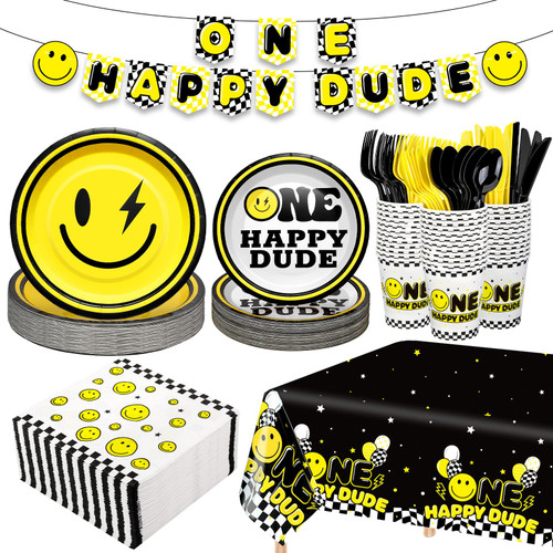 246 Pcs One Happy Dude Birthday Decorations Smile Face Party Tableware Serve 24 Guests Include Paper Plates Disposable Napkins Cups Knife Fork Spoon Banner Tablecloth for 1st Birthday Baby Shower