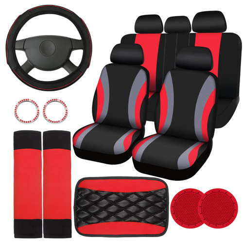 17 Pcs Car Seat Covers Full Set, Steering Wheel Cover Center Console Pad Armrest Cover Seat Safety Belt Pad Seatbelt Covers Cup Mats Car Emblem Ring Sticker Car Accessories Set (Black, Red)