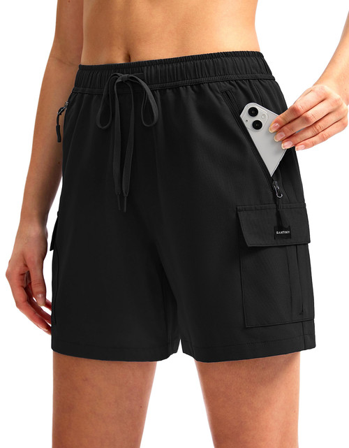 SANTINY Women's Hiking Cargo Shorts Quick Dry Lightweight Summer Shorts for Women Travel Athletic Golf with Pockets(Black_XXL)