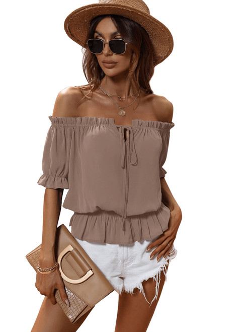 SweatyRocks Women's Off Shoulder Short Sleeve Tie Front Chiffon Blouse Ruffle Hem Crop Peplum Top Dusty Pink XL
