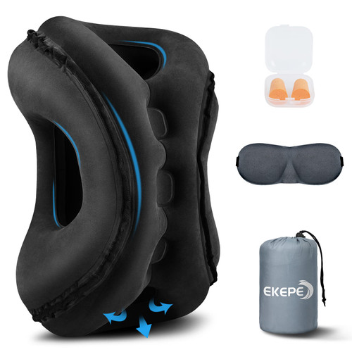 EKEPE Inflatable Travel Pillow, Inflatable Neck Pillow for Airplane Travel Sleeping, Airplane Pillow for Neck and Shoulder Pain with Eye Mask/Earplugs/Carry Bag - Black EKEPE Inflatable Travel Pillow, Inflatable Neck Pillow for Airplane Travel Sleeping, Airplane Pillow for Neck and Shoulder Pain with Eye Mask/Earplugs/Carry Bag - Black