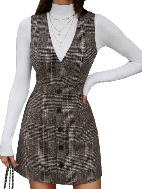 WDIRARA Women's Plaid Deep V Neck Button Front Sleeveless Suspenders Pinafore Dress Mocha Brown L