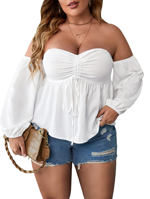 WDIRARA Women's Plus Size Off Shoulder Long Sleeve Smocked Tie Front Peplum Top Blouse White 1XL