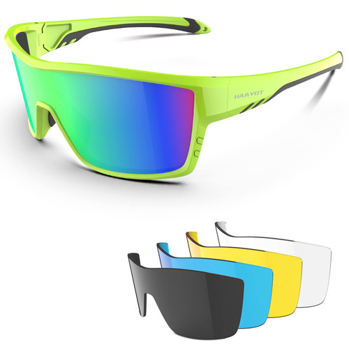 HAAYOT Polarized Sports Sunglasses for Men Women,Cycling Baseball Fishing Running Biking MTB Glasses with 5 Interchangeable Lenses Fluorescent Green