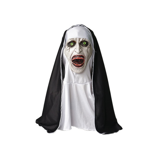 Fantasy J Full Head Realistic Evil Nun Mask with Headscarf, Scary Nun Mask with Bloody Mouth, Horror Movie Mask for Halloween Cosplay Masquerade Costume Party, White