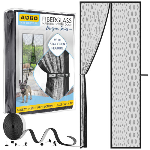 AUGO Magnetic Fiberglass Design Screen Door - Self Sealing, Heavy Duty, Hands Free Mesh Partition Keeps Bugs Out - Pet and Kid Friendly - Patent Pending Keep Open Feature - 34 Inch x 81 Inch