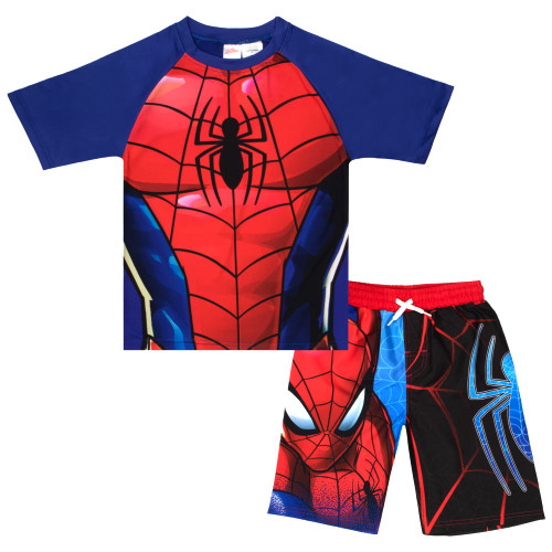 Marvel Boys Avengers 2-Piece Swimsuit Set, Rash Guard & Swim Trunks 2-Pack Bundle Set for Boys (Spider-Man Red, Size 7)