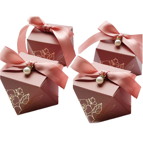 Awcmtpsyol Gift Box Diamond Shape Wedding Favors Decoration Baby Shower Birthday Party Chocolate Packing Candy Boxes for Guests with Ribbon and Pearl (pink box with pink ribbon)