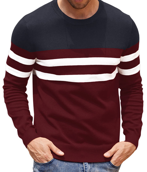 Aimeilgot Mens Crewneck Sweater Casual Knit Striped Classic Pullover Sweater Long Sleeve Sweater for Men with Ribbing Edge(Navy Blue/Red,Large)