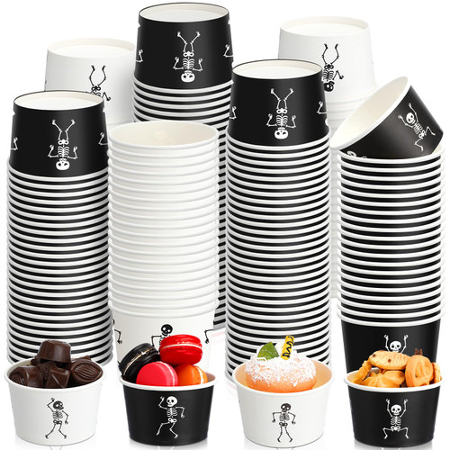 Suttmin 100 Pcs 12 oz Halloween Disposable Cups Halloween Snack Cups Halloween Paper Bowls Halloween Trick or Treat Bowls Dessert Ice Cream Bowls for Cupcake Yogurt Hot Cold Drink (Skeleton)