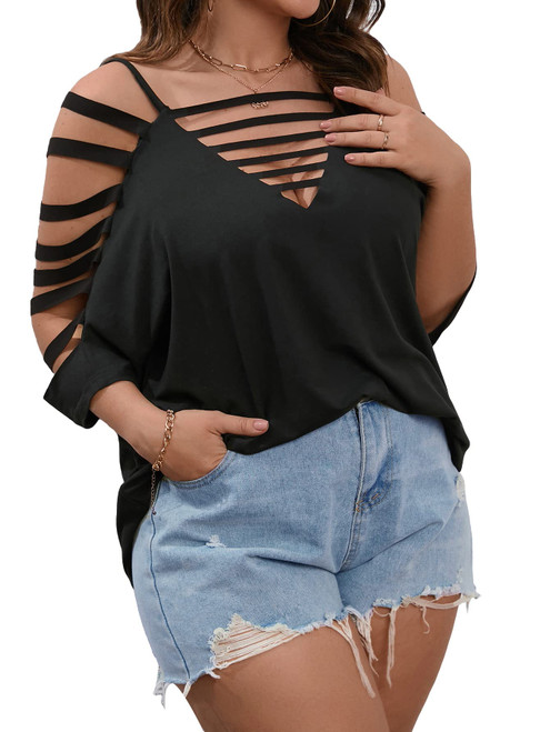 SOLY HUX Women's Plus Size Cut Out Ripped Cold Shoulder Tee Tops Deep V Neck Short Sleeve Sexy Summer T Shirt Solid Black 1XL SOLY HUX Women's Plus Size Cut Out Ripped Cold Shoulder Tee Tops Deep V Neck Short Sleeve Sexy Summer T Shirt Solid Black 1XL