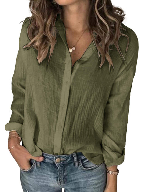 Karlywindow Womens Long Sleeve Button Down Cotton Linen Shirts Blouse Loose Fit Casual V-Neck Tops Army Green