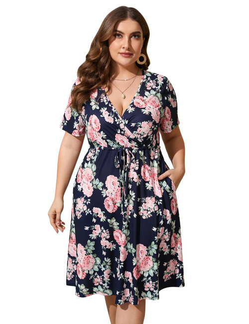 KOJOOIN Women's Plus Size Summer Floral Short Sleeve Wrap V Neck A-Line Midi Dress with Pockets(S-Navy Blue Flower,3XL) KOJOOIN Women's Plus Size Summer Floral Short Sleeve Wrap V Neck A-Line Midi Dress with Pockets(S-Navy Blue Flower,3XL)