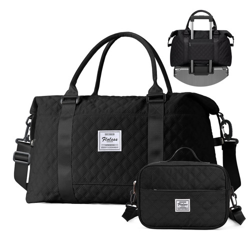 Weekender Bags for Women with Toiletry Bag, Travel Duffel Bag with Wet Pocket & Trolley Sleeve, Overnight Carry On Tote Bag Sports Gym Bag,Black