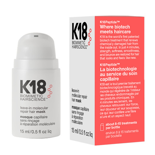 K18 Leave-In Molecular Repair Hair Mask Treatment to Repair Damaged Hair - 4 Minutes to Reverse Damage from Bleach, Color, Chemical Services, 15 ml K18 Leave-In Molecular Repair Hair Mask Treatment to Repair Damaged Hair - 4 Minutes to Reverse Damage from Bleach, Color, Chemical Services, 15 ml