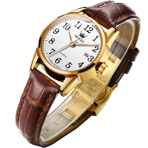 OLEVS Small Women Watches Brown Leather Dress Easy to Read Gold White Dial Watches for Women Date Waterproof Arabic Numerals Dress Quartz Analog Women's Wristwatch Elegant Casual Female Watch Gifts