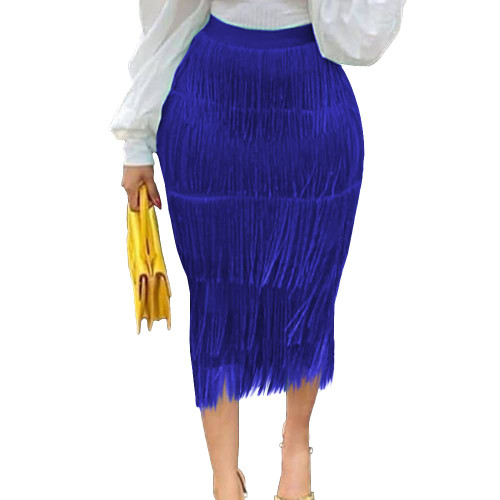 AOMEI Women's Blue High Waist Fringe Tiered Bodycon Pencil Midi Skirt XL