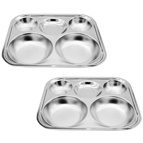 Korean Stainless Steel Divided Plates, Food Grade 304 Tray Large Size for Adults, Teens, Picky Eaters, Campers, BPA Free, Diet Portion Control, Serving Platter, Dinner Snack, Set of 2