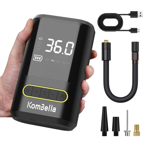 KomBella Tire Inflator Portable Air Compressor, 150PSI Faster Cordless Car Tire Pump, Electric Bike Pump with LED Lights & Large Screen, Air Pump for Cars, Motorcycles, E-Bikes, Balls and Inflatables