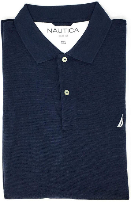 Nautica Men's Slim Fit Short Sleeve Solid Cotton Pique Polo Shirt (Large, Navy)