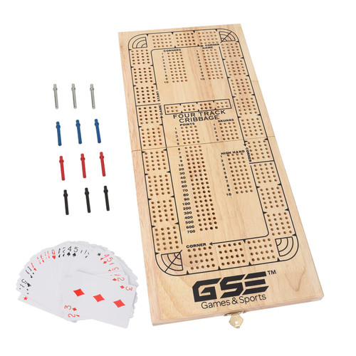 GSE 4-Track Wooden Folding Cribbage Board with Playing Card, Metal Pegs and Storage Area, Portable Continuous Cribbage Board Game Set with Numerical Notations for Family Games