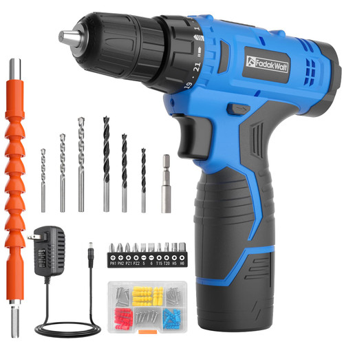 FADAKWALT Cordless Drill/Driver Set,12V 3/8" Electric Power Drill Kit with 1.3AH Battery & Charger,21+1 Torque Setting,180 inch-lbs, Accessories for Drilling Wood Metal (Blue)