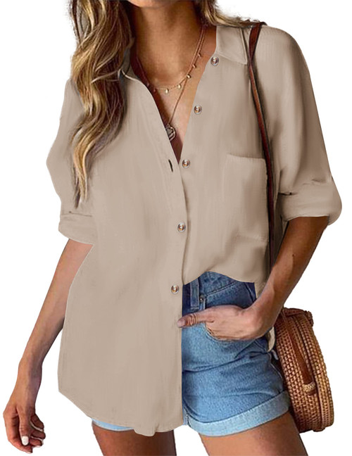 HOTOUCH Button Up Shirts for Women Roll Long Sleeve Collar Shirt Casual Blouses Top Khaki L