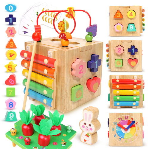 ZaxiDeel Wooden Baby Activity Cube, 10-in-1 Toys Gift Set for Boys & Girls, Educational Toy Activity Cube Developmental Toddler, Montessori Learning Toys for Toddlers