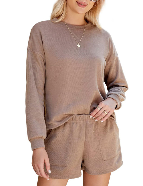 VIMPUNEC Women Lounge Sets Casual Sweatsuits Pajama Sets Fall Two Piece Outfits Long Sleeve Top and Shorts Tracksuit Light Coffee L