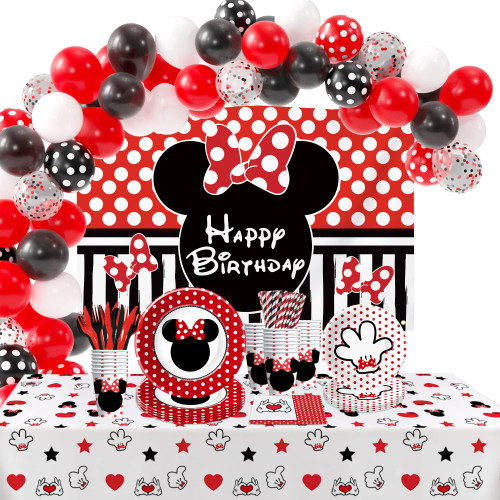 APOWBLS Minnie Birthday Party Supplies - Minnie Theme Mouse Party Decorations Tableware, Plate, Cup, Napkin, Backdrop, Balloon Arch, Tablecloth, Cutlery, Minnie Theme Birthday Decorations | Serve 24