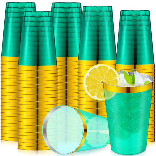 Sliner 100 Pcs 12oz Rimmed Plastic Cups Disposable Cups Wedding Cup Disposable Cocktail Glasses Drinking Cups Tumblers for Wine Champagne Wedding Bridal Shower Party Supplies(Green)