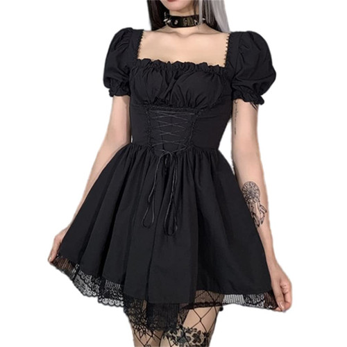 Insgoth Women Kawaii Mini Dress Black Gothic Short Puff Sleeve Punk High Waist Lace-Up Sexy Backless Dresses