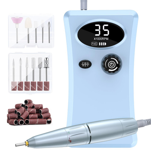 Cadrim Electric Nail File, 35000 RPM Portable Nail Drill, Cordless Nail Drill, Rechargeable Electric Professional Efile Nail Drill Machine Set for Nails, Polishing, Manicure Pedicure Tool, Blue