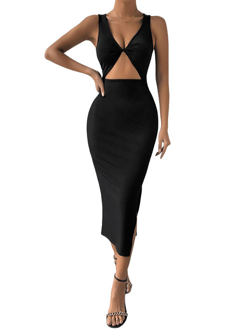 Verdusa Women's Cut Out Twist Front Split Thigh Deep V Neck Midi Bodycon Tank Dress Black L