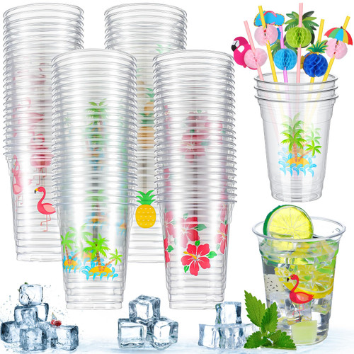 Dandat 100 Pack Hawaii 12oz Plastic Cups with 100 Straws Luau Clear Plastic Cups Luau Party Favors Disposable Hawaiian Cups Hawaiian Decorations for Summer Beach Hawaiian Luau Party Drinkware