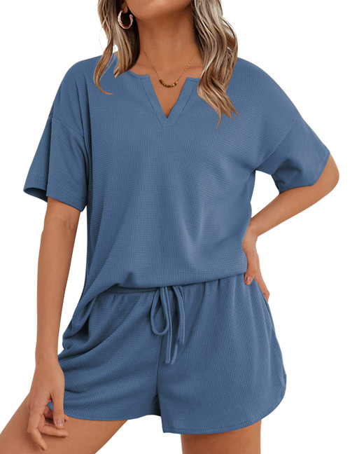 Ekouaer Waffle Knit Pajamas Set Womens Loungewear Short Sleeve Lounge Set 2 Piece PJ Sets S-XXL Blue