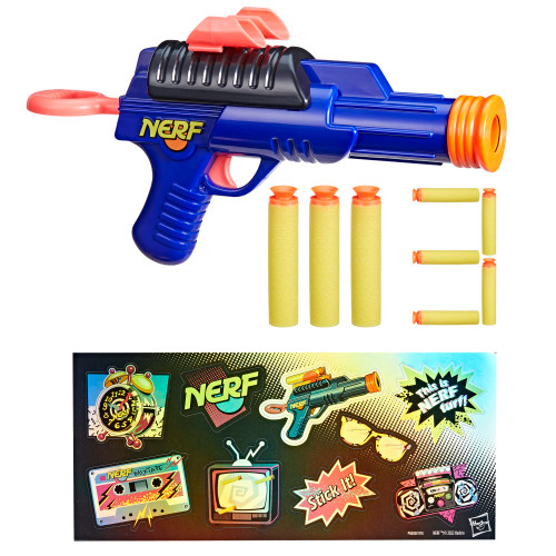 Nerf Sharp92 Blaster, 3 Nerf Suction Tip Darts, Sticker Sheet, Retro Nerf Blaster and Package, Toy Foam Blaster for Kids Outdoor Games