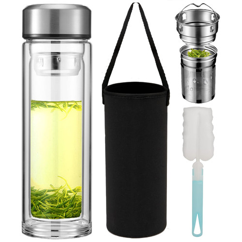 Pauzema Tea Tumbler with Infuser, 34oz Tea Bottle with 2 in1 Infuser, Double Wall Glass Tea Bottle BPA Free Borosilicate Glass Leak-Proof with Stainless Steel Filter for Loose Leaf Tea, Fruit, Water