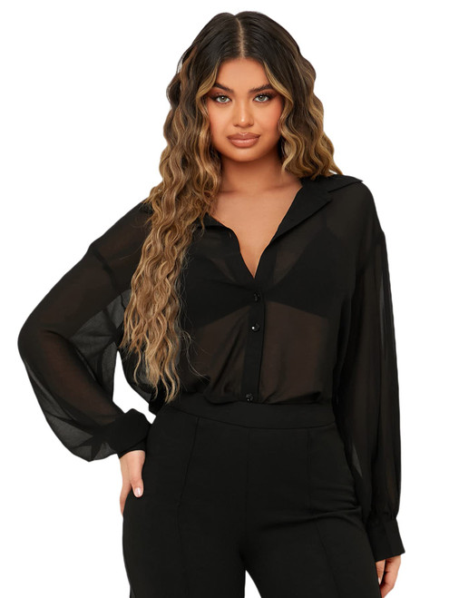 Verdusa Women's Button Front Long Sleeve Drop Shoulder Sheer Mesh Blouse Oversized Shirt Top Black XXL