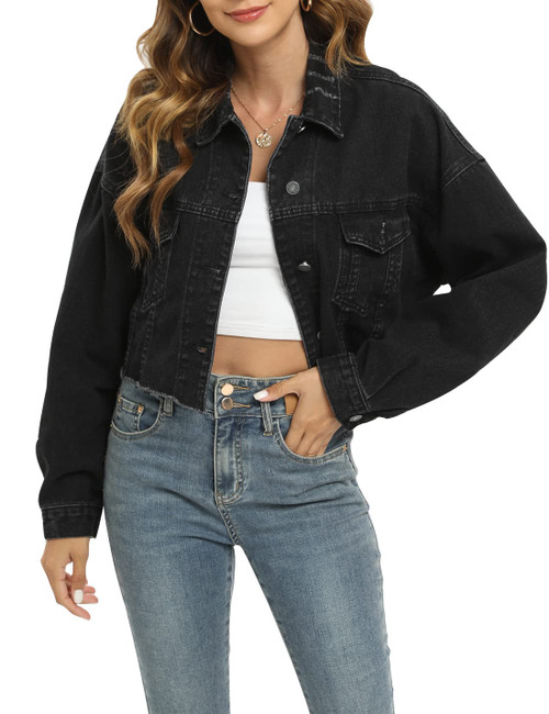 Gacaky Womens Casual Solid Color Ripped Distressed Cropped Denim Jean Jacket Coat With Frayed Hem Black M