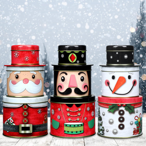 Ziliny 3 Set Christmas Cookie Tins 3 Size Christmas Food Tin Box Set Treat Containers with Lids for Gift Giving Santa Claus Nutcracker Snowman Design Metal Jar Round Nesting Box for Candy Chocolate