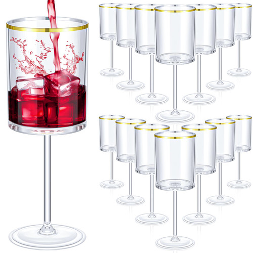 Yaomiao 12 Pack Gold Rimmed Plastic Wine Glasses with Stem, 10 Oz Plastic Fancy Wine Cups Stemmed Disposable Wine Glasses Shatterproof Plastic Goblets for Party Wedding Anniversary Birthday Poolside