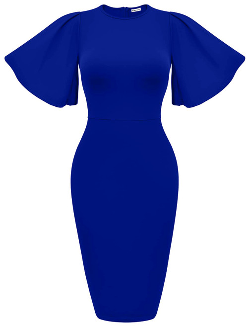 Memoriesea Women's Basic Bodycon Ruffle Flared Short Sleeve Pencil Midi Dress RoyalBlue