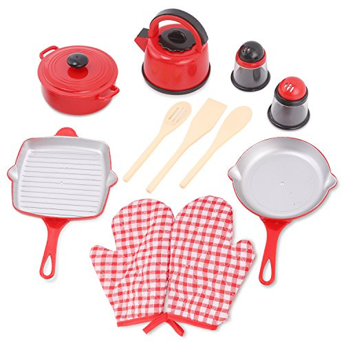 Liberty Imports Kitchen Cookware Pots and Pans Plastic Pretend Playset for Kids | Grill Pan, Kettle, Cooking Utensils Set, Salt and Pepper Shakers