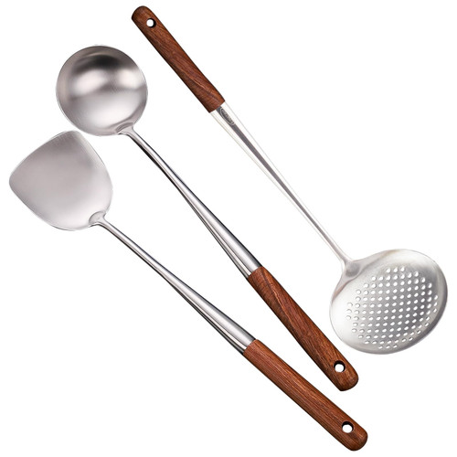 Wok Spatula and Ladle Set, Stainless Steel Ladle Wok Utensils with Wooden Handle, Soup Ladle, Skimmer, 17 Inch Extra Long Cooking Utensils Set, Wok Tools Metal, 3 Pieces